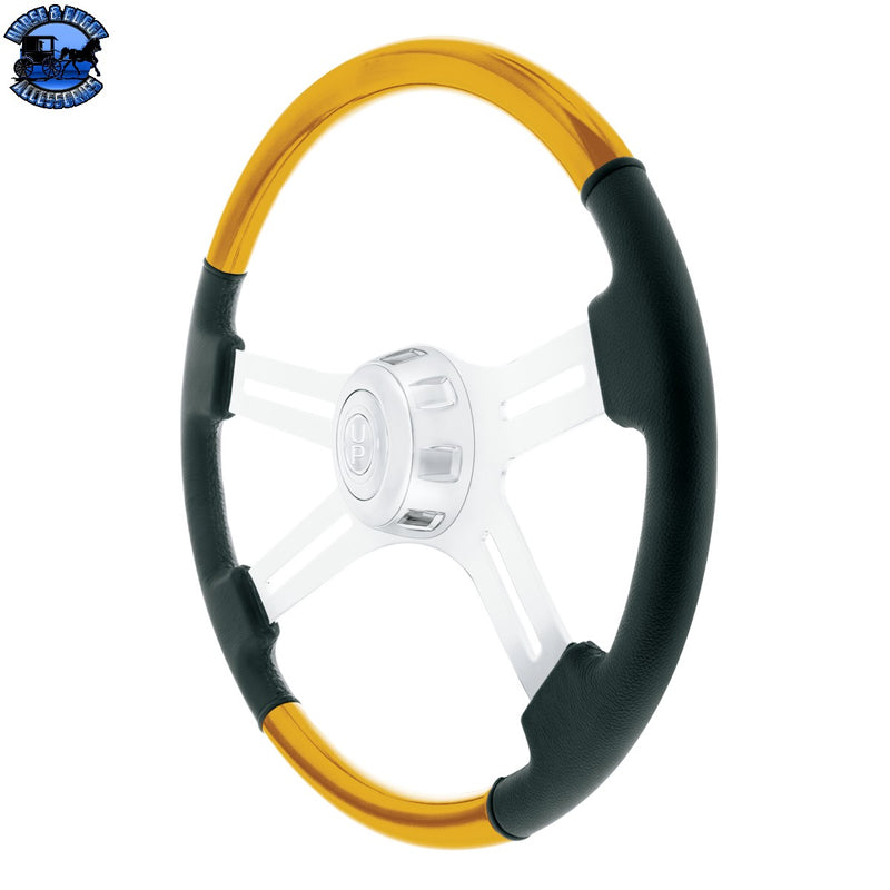 18" Leather & Wood Candy Color 4 Spoke Steering Wheel With Chrome Horn Bezel (Choose Color)