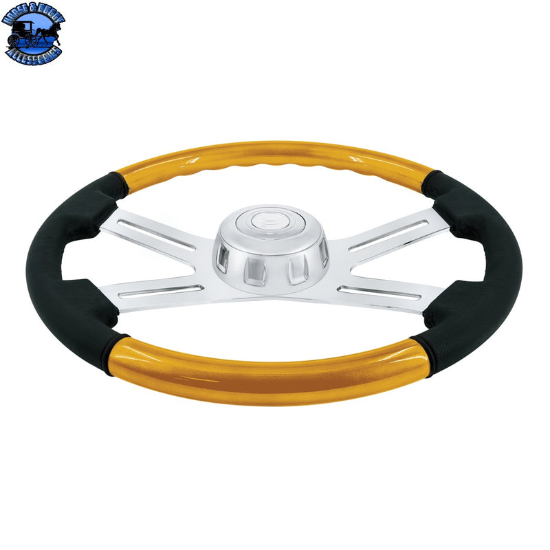 18" Leather & Wood Candy Color 4 Spoke Steering Wheel With Chrome Horn Bezel (Choose Color)