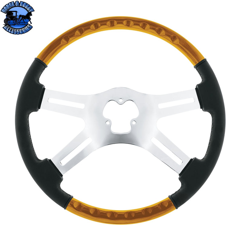 18" Leather & Wood Candy Color 4 Spoke Steering Wheel With Chrome Horn Bezel (Choose Color)