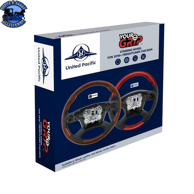 UP-88405 18" YourGrip Leather And Wood Steering Wheel For 2018-2026 Freightliner Cascadia