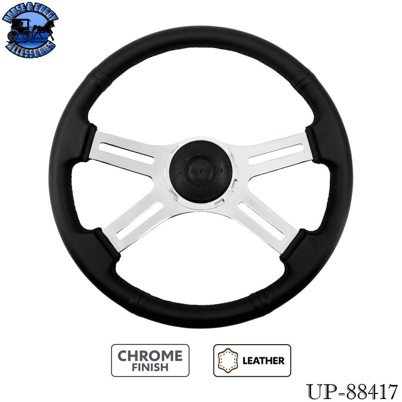 UP-88417 18" Black Leather Rim 4 Spoke Steering Wheel With Chrome Horn Bezel and Horn Button