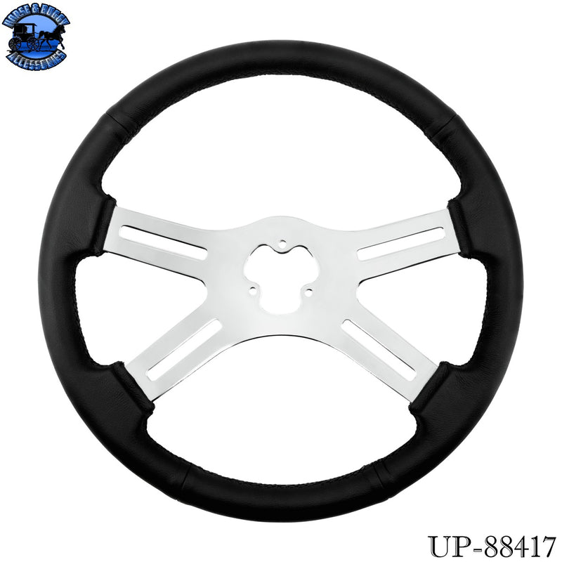 UP-88417 18" Black Leather Rim 4 Spoke Steering Wheel With Chrome Horn Bezel and Horn Button