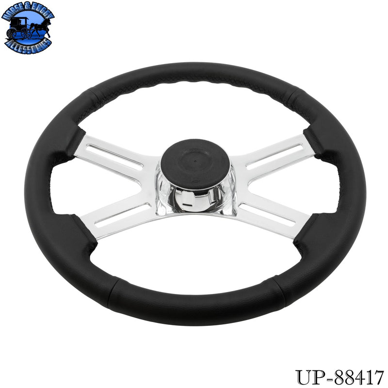 UP-88417 18" Black Leather Rim 4 Spoke Steering Wheel With Chrome Horn Bezel and Horn Button