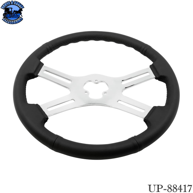 UP-88417 18" Black Leather Rim 4 Spoke Steering Wheel With Chrome Horn Bezel and Horn Button