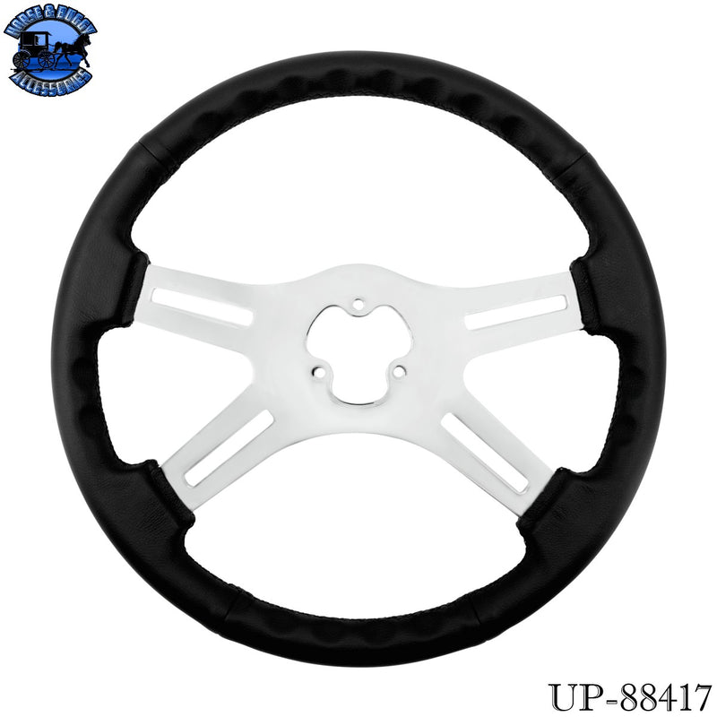 UP-88417 18" Black Leather Rim 4 Spoke Steering Wheel With Chrome Horn Bezel and Horn Button