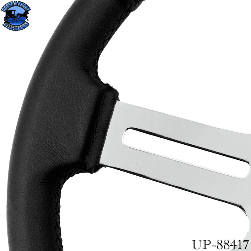 UP-88417 18" Black Leather Rim 4 Spoke Steering Wheel With Chrome Horn Bezel and Horn Button