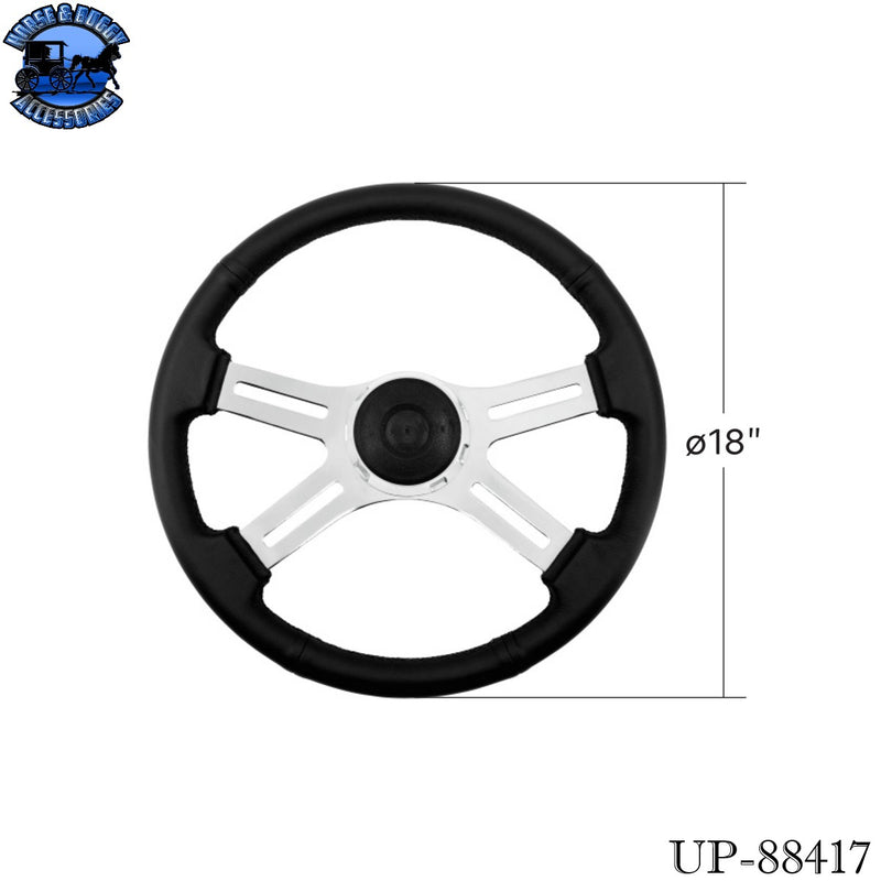 UP-88417 18" Black Leather Rim 4 Spoke Steering Wheel With Chrome Horn Bezel and Horn Button