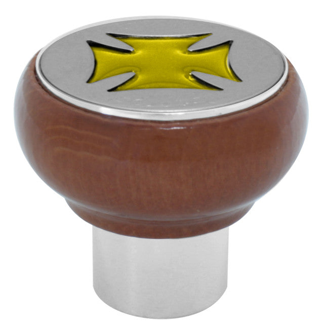 POMO DE AIRE ATORNILLABLE DE MADERA CON CRUZ DE HIERRO ORO Y REMOLQUE DE ACERO INOXIDABLE