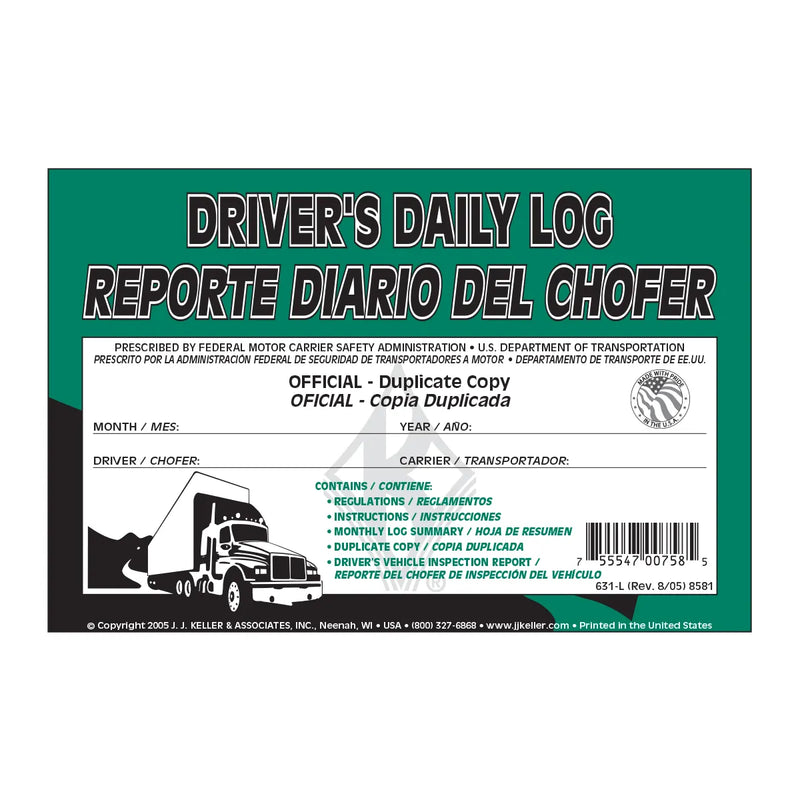 99905 SPANISH DRIVER DAILY LOG W/ SIMPLIFIED DVIR, BOOK FORMAT A Sea Green