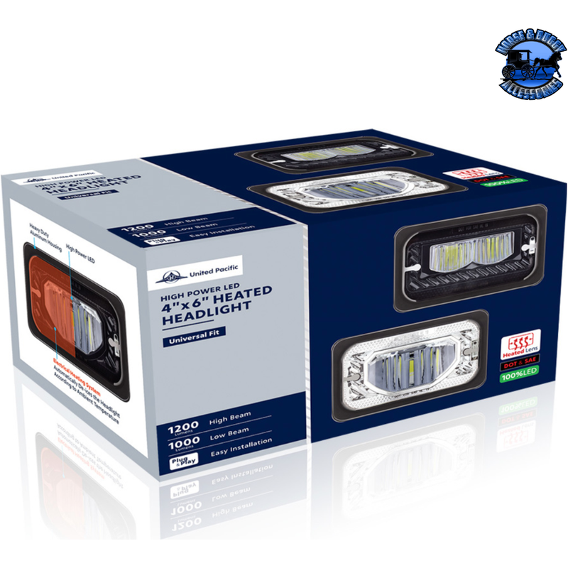 ULTRALIT - HEATED 4" X 6" LED HEADLIGHT WITH GLASS LENS & ALUMINUM HOUSING (Choose Color) (Choose High or Low) Heated LED Headlight Chrome / Low Beam,Chrome / High Beam,Black / Low Beam,Black / High Beam Midnight Blue