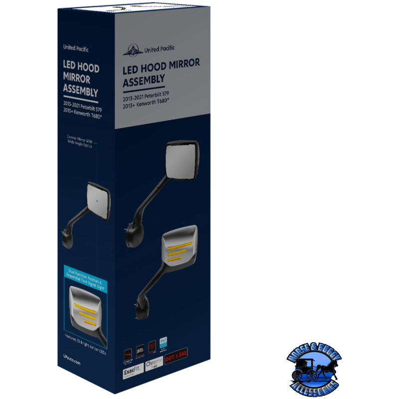 CHROME HOOD MIRROR ASSEMBLY W/ SEQUENTIAL LED TURN SIGNAL FOR 2013-2021 KENWORTH T680 & PETERBILT 579 (Choose Side) Hood Mirror Drivers Side,Passengers Side Black