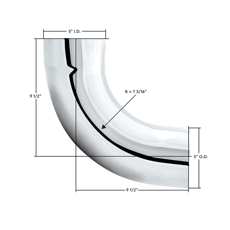 Chrome 90 Degree Exhaust Expanded Elbow, 5" I.D. To 5" O.D. - 12" X 12" #CE902-5-1212