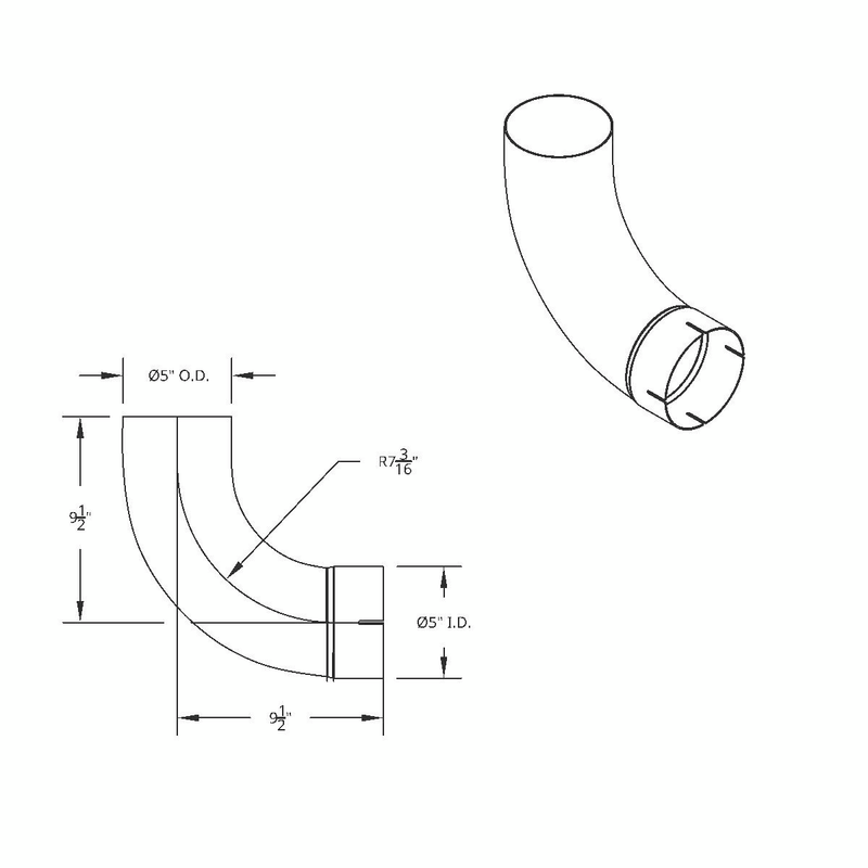 Chrome 90 Degree Exhaust Expanded Elbow, 5" I.D. To 5" O.D. - 12" X 12" #CE902-5-1212