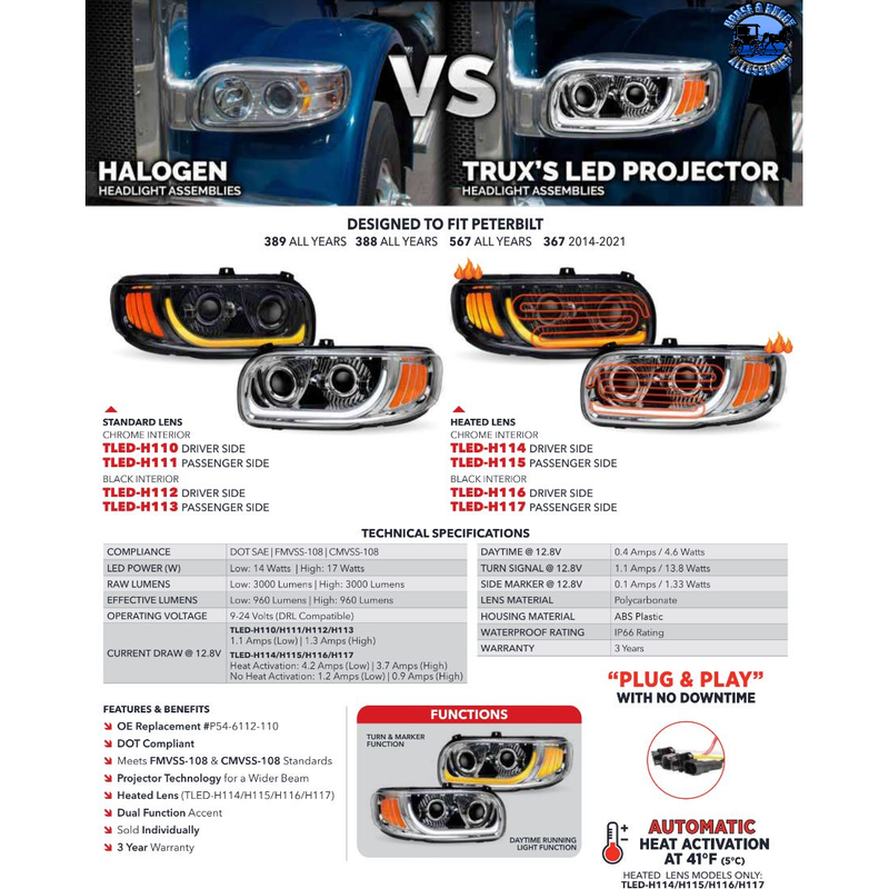 Peterbilt 389 Trux headlights (Choose style and Color) dot approved (ALL LED) PETERBILT Heated / Chrome / Driver's Side,Heated / Chrome / Passenger's Side,Heated / Black / Driver's Side,Heated / Black / Passenger's Side,Standard / Chrome / Driver's Side,Standard / Chrome / Passenger's Side,Standard / Black / Driver's Side,Standard / Black / Passenger's Side Black