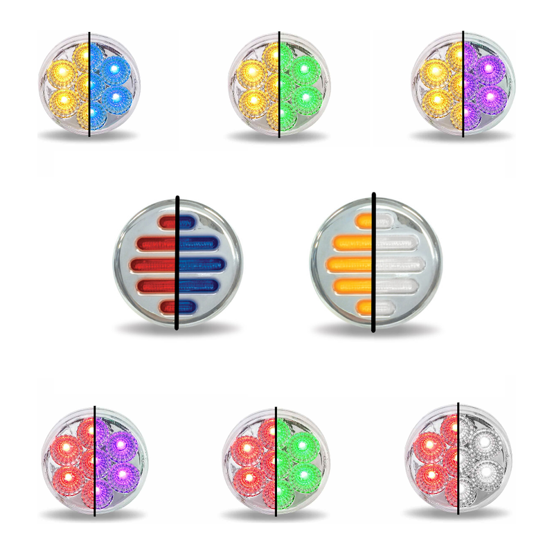 2" Round Trux Dual Revolution LEDs (Choose Color and Style) 2" ROUND Amber to Blue - 7 Diodes,Amber to Green - 7 Diodes,Amber to Purple - 7 Diodes,Amber to Red - 7 Diodes,Red to Blue - 7 Diodes,Red to Green - 7 Diodes,Red to Purple - 7 Diodes,Red to White - 7 Diodes,Amber to White Flatline - 9 Diodes,Red to Blue Flatline - 9 Diodes Gray