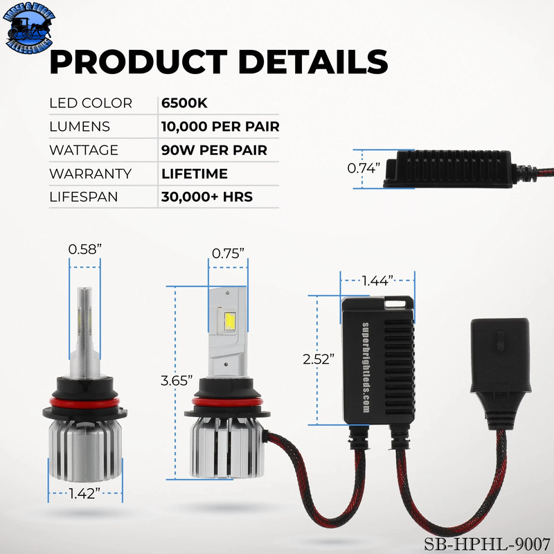 SB-HPHL-9007 9007 / HB5 LED Light Bulbs - High Power 90W - Dual Beam - 10,000 Lumens - 6500K