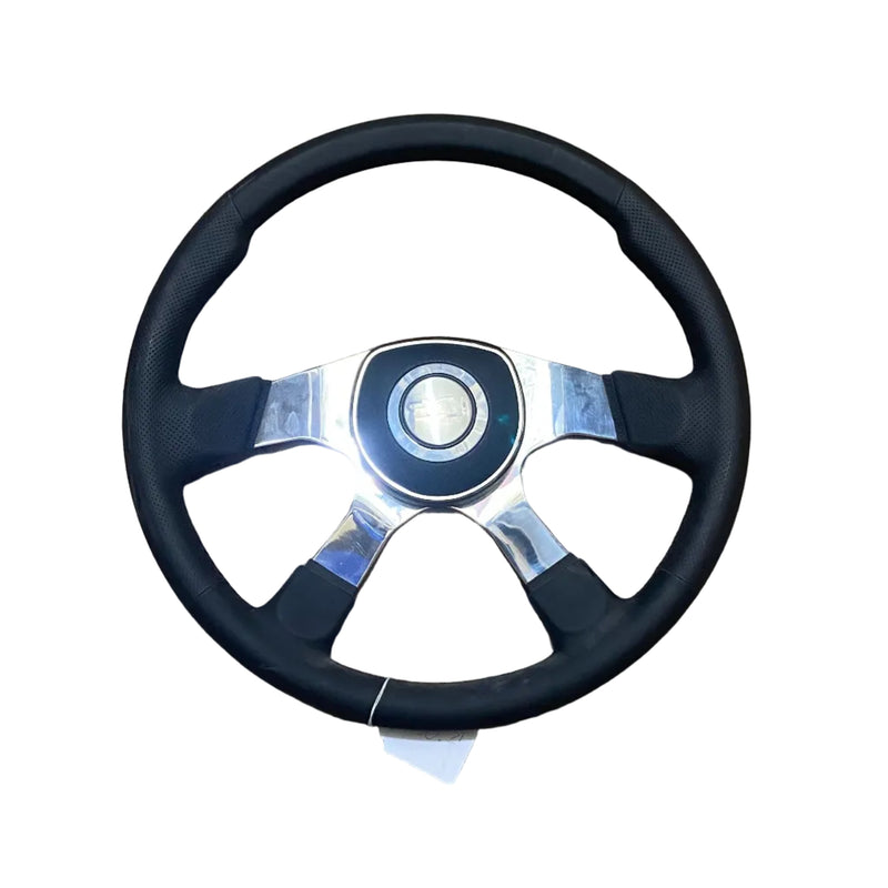 SC-343-3001-70182 18'' LEATHER COMFORT BLACK STEERING WHEEL; POLISHED ALUM. 4-SPOKE W/ HALO-RING BLACK LEATHER