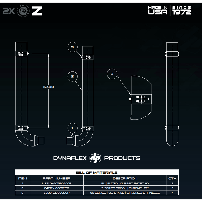 #KF-805052CP 8'' REDUCED TO 5'' FREIGHTLINER EXHAUST KIT W/ 52'' SPOOL & SHORT 90 DEG ELBOWS & CLAMPS
