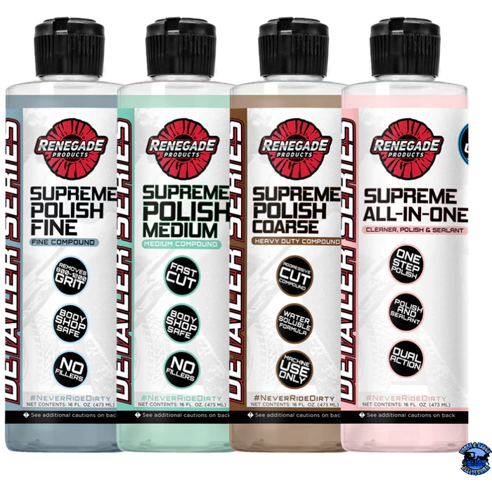 Black Renegade Paint Correction Polishing Compounds Renegade Detailer Series 16 ounce / Fine,16 ounce / Medium,16 ounce / Coarse,16 ounce / All-In-One,1 gallon / Fine,1 gallon / Medium,1 gallon / Coarse,1 gallon / All-In-One