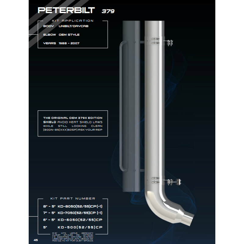 DP-KD-605052CP 6'' REDUCED TO 5'' PETE 379 EXHAUST KIT W/FACTORY STYLE ELBOW; 52'' SPOOL EXHAUST Black