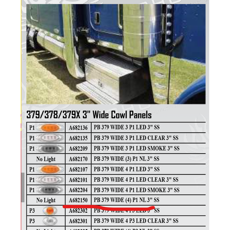 #A682150 COWL PR PB 379 WIDE (4) (P1 style holes and wire harness) No Lights 3" SS Dark Slate Gray