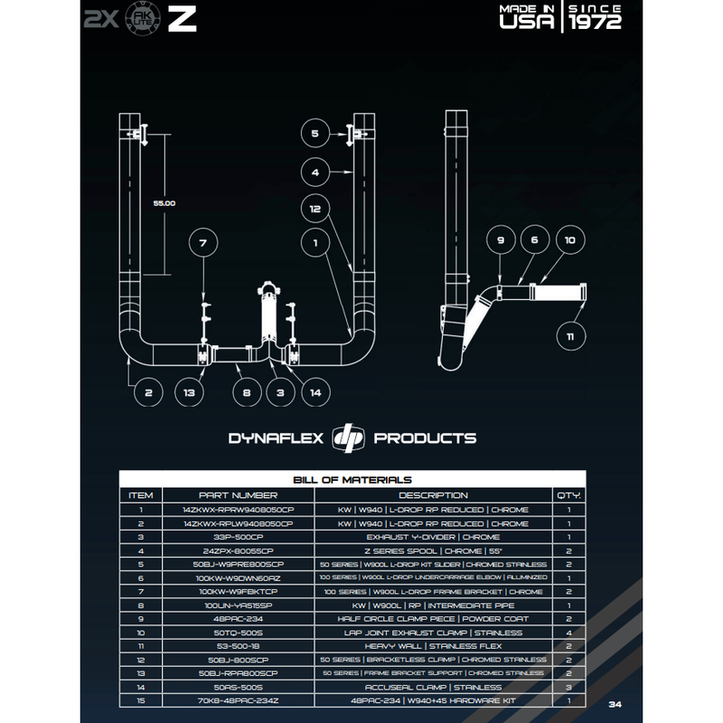 #KW940-RP605055CP 6'' REDUCED TO 5'' KW W900L EXHAUST ROTATED PICKETT ELBOW KIT FOR 40'' BOX