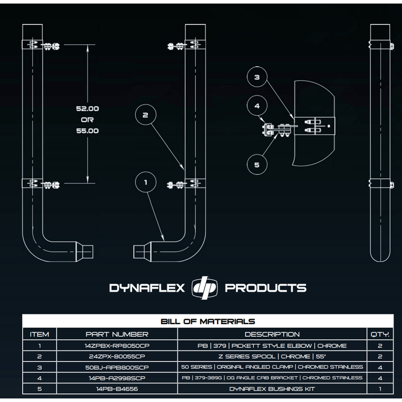 #KRP-705052CP Dynaflex 7'' REDUCED TO 5'' EXHAUST KIT W/52'' SPOOL; PETE  PICKETT ELBOW & CLAMPS EXHAUST with bunk,day cab Black