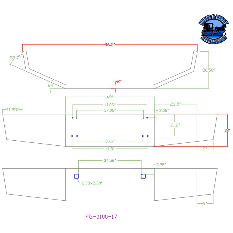 #FG-0100-17 18'' KW T800 (Closed end) BUMPER W/ BOLT & TOW HOLE (1986-2003) Gray