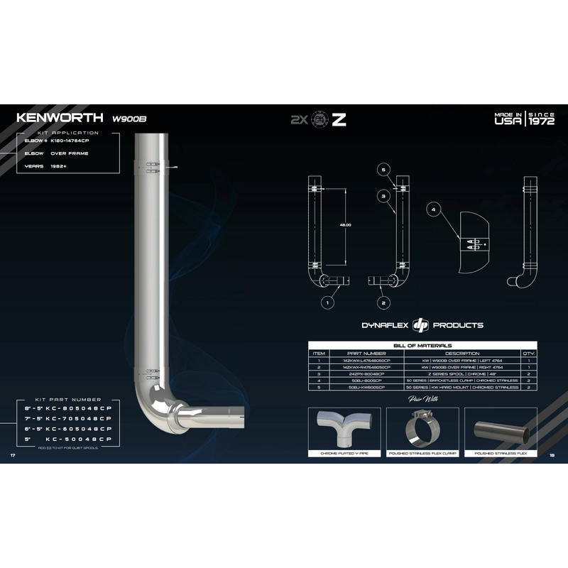 #KC-Q705048CP Dynaflex 7" reduced to 5" kw 900b exhaust kit with 48" quiet spools and over the frame elbows and clamps