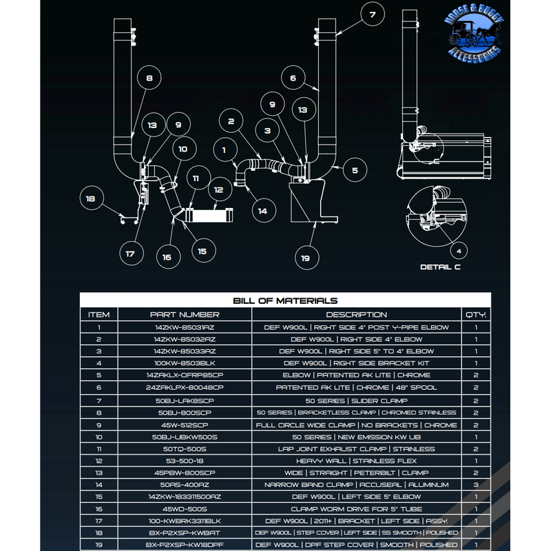 #kww18-ak85cp 2018+ Kenworth (patented ak lite) 8" reduced to 5" def hookup kit(with step box covers)
