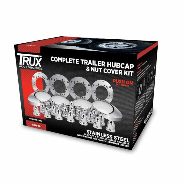 THUB-C6 Complete Trailer Hubcap & Nut Cover Kit – 33mm Push On Nut Covers | Dome Hubcaps | Stainless Steel REAR AXLE COVER Gray
