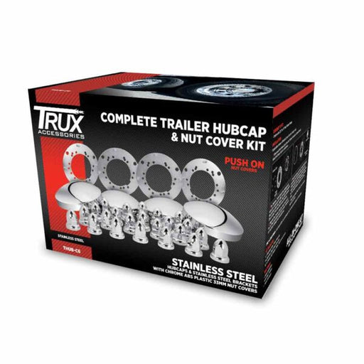Gray THUB-C6 Complete Trailer Hubcap & Nut Cover Kit – 33mm Push On Nut Covers | Dome Hubcaps | Stainless Steel