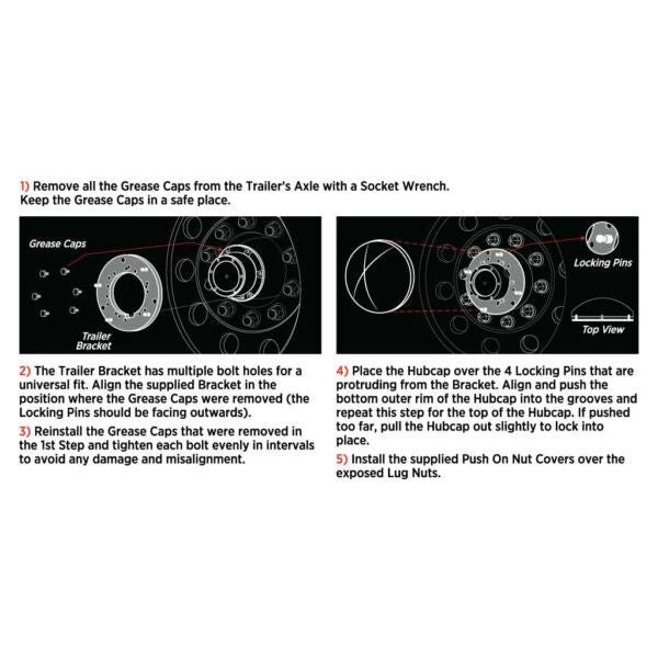 THUB-C6 Complete Trailer Hubcap & Nut Cover Kit – 33mm Push On Nut Covers | Dome Hubcaps | Stainless Steel REAR AXLE COVER Black