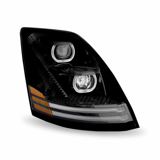 Gray TLED-H20 Volvo VN/VNL LED Projector Headlight Assembly with LED Glow Position, Turn & Marker Accents – Black (Passenger Side) HEADLIGHT