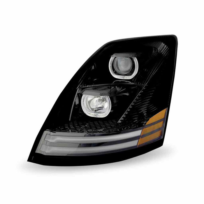 Black TLED-H54 Volvo VN/VNL Halogen Projector Headlight Assembly with LED Glow Position, Turn & Marker Accents – Black (Driver Side) HEADLIGHT