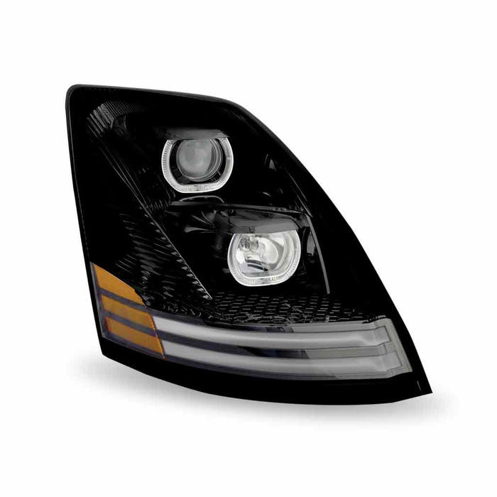 Black TLED-H55 Volvo VN/VNL Halogen Projector Headlight Assembly with LED Glow Position, Turn & Marker Accents – Black (Passenger Side) HEADLIGHT