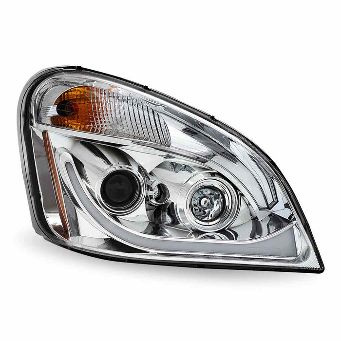 Gray TLED-H67 Freightliner Cascadia LED Projector Headlight Assembly with LED Glow Position, Turn & Marker Accent – Chrome (Passenger Side) HEADLIGHT