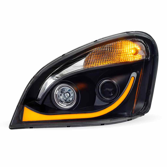 Tan TLED-H68 Freightliner Cascadia LED Projector Headlight Assembly with LED Glow Position, Turn & Marker Accent – Black (Driver Side) HEADLIGHT