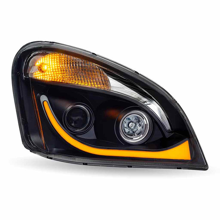 Tan TLED-H69 Freightliner Cascadia LED Projector Headlight Assembly with LED Glow Position, Turn & Marker Accent – Black (Passenger Side) HEADLIGHT