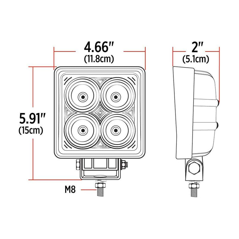 TLED-U27 Universal White Square Work Light with Flood Beam - Clear Lens - Black Housing (4 Diodes) - 4000 Lumens Work light Black