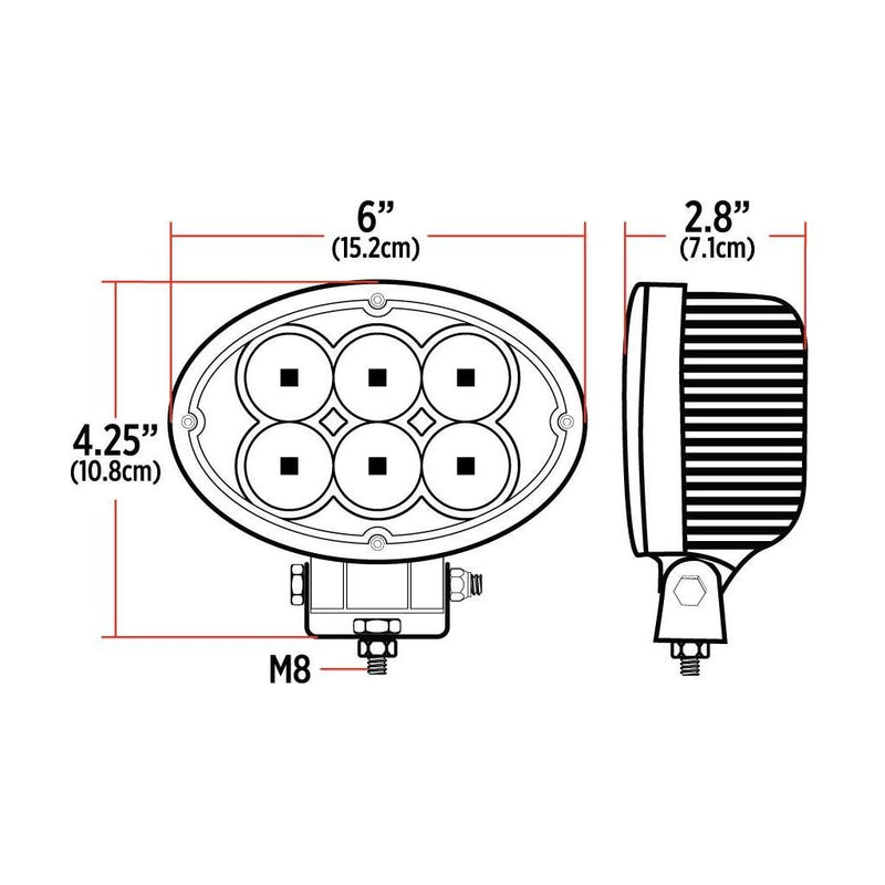 TLED-U29 Universal White Cree Oval Flood Work Light - Clear Lens - Black Housing (6 Diodes) - 5400 Lumens Work light Black