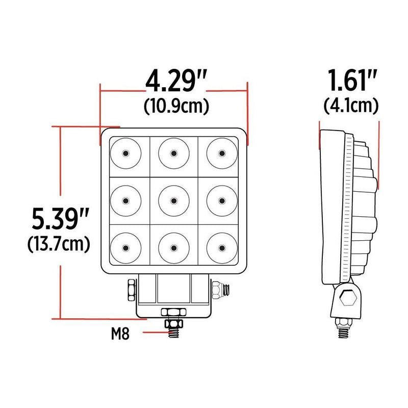 TLED-U93 Stellar Universal Square High Powered LED Work Lamp (9 Diodes) - 1350 Lumens - Spot Work light Light Gray