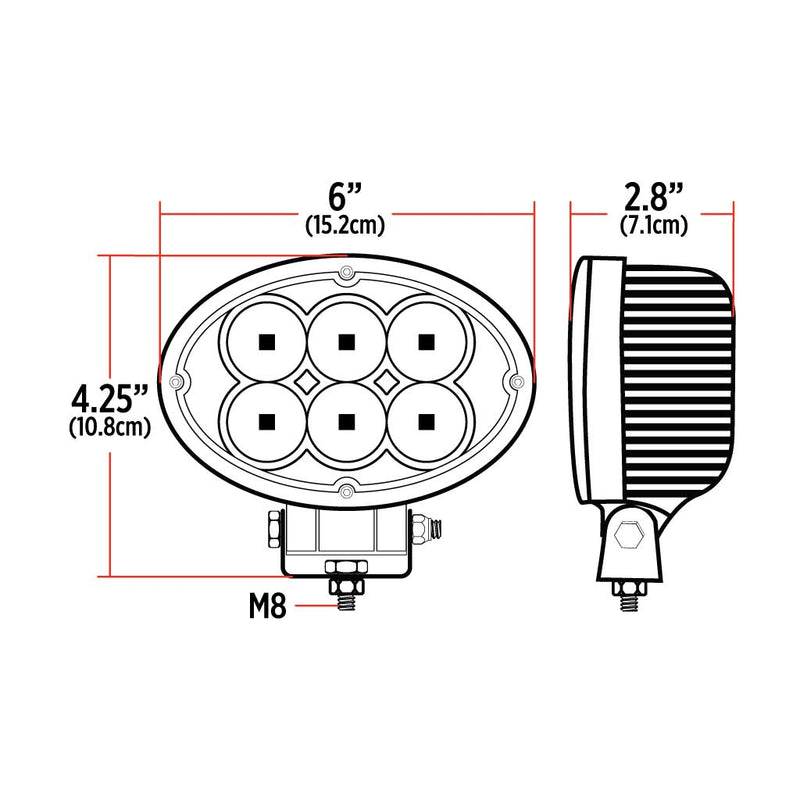 TLED-U9 Universal White Cree Oval Work Light - Clear Lens - Black Housing (6 Diodes) - 5400 Lumens Work light Black