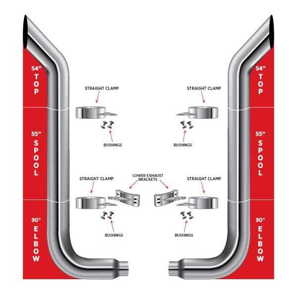 TSK6-BSET5 6″ Dia. Complete Bullhorn Exhaust Kit – 54″ Top Stacks | 55″ Middle Spools | 90° Elbows 6″ Reduced to 5″ Dia. EXHAUST Gray