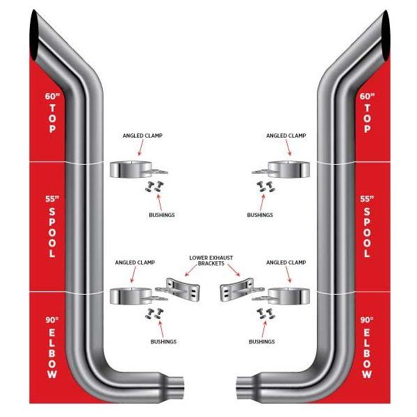 TSK7-BSET6 7″ Dia. Complete Bullhorn Exhaust Kit – 60″ Top Stacks | 55″ Middle Spools | 90° Elbows 7″ Reduced to 5″ Dia. EXHAUST Firebrick