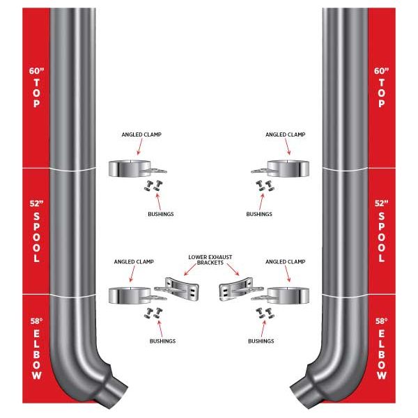 Dim Gray TSK8-FSET6 8″ Dia. Complete Flat Exhaust Kit – 60″ Top Stacks | 52″ Middle Spools | 58° Elbows 8″ Reduced to 5″ Dia. EXHAUST