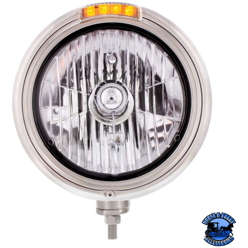 STAINLESS STEEL CLASSIC HEADLIGHT CRYSTAL H4 BULB & LED TURN SIGNAL (Choose Color) HEADLIGHT Clear Light Gray