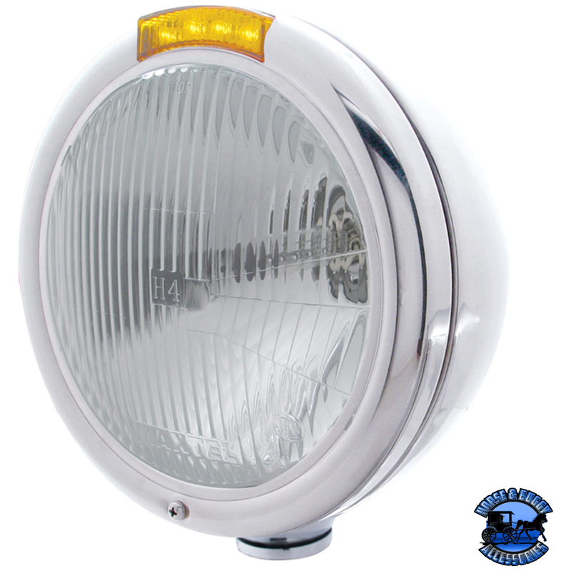 CLASSIC HEADLIGHT ASSEMBLY H4 BULB & LED TURN SIGNAL (Choose Color) (Choose Lens Color) HEADLIGHT Stainless / Amber Gray