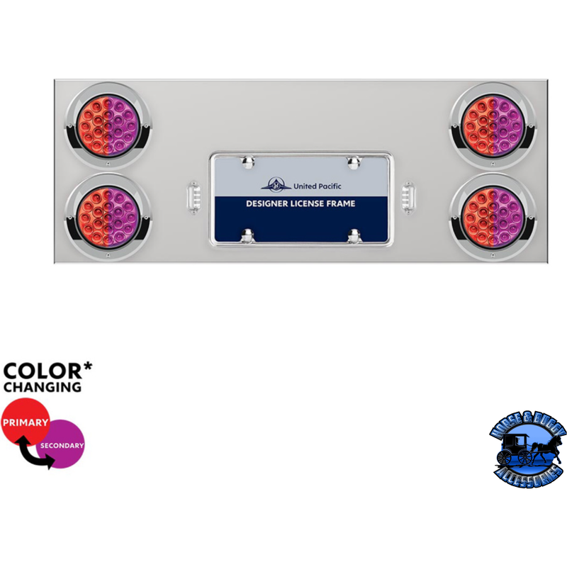 33-3/4" SS REAR CENTER PANEL WITH 4X 19 LED 4" DOUBLE FURY LIGHTS & VISORS (Choose Color) REAR CENTER PANEL Red & Purple Gray