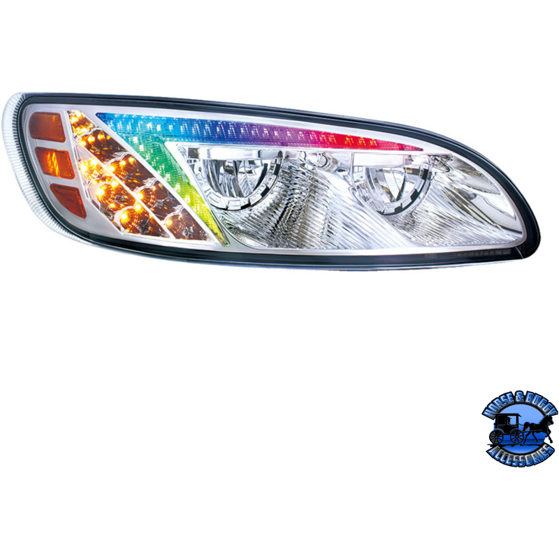 LED HEADLIGHT WITH COLOR CHANGING POSITION LIGHT BAR FOR PETERBILT 386 (2005-2015) & 387 (1999-2010) (Choose Color) (Choose Side) HEADLIGHT Chrome / Passenger's Side Light Gray